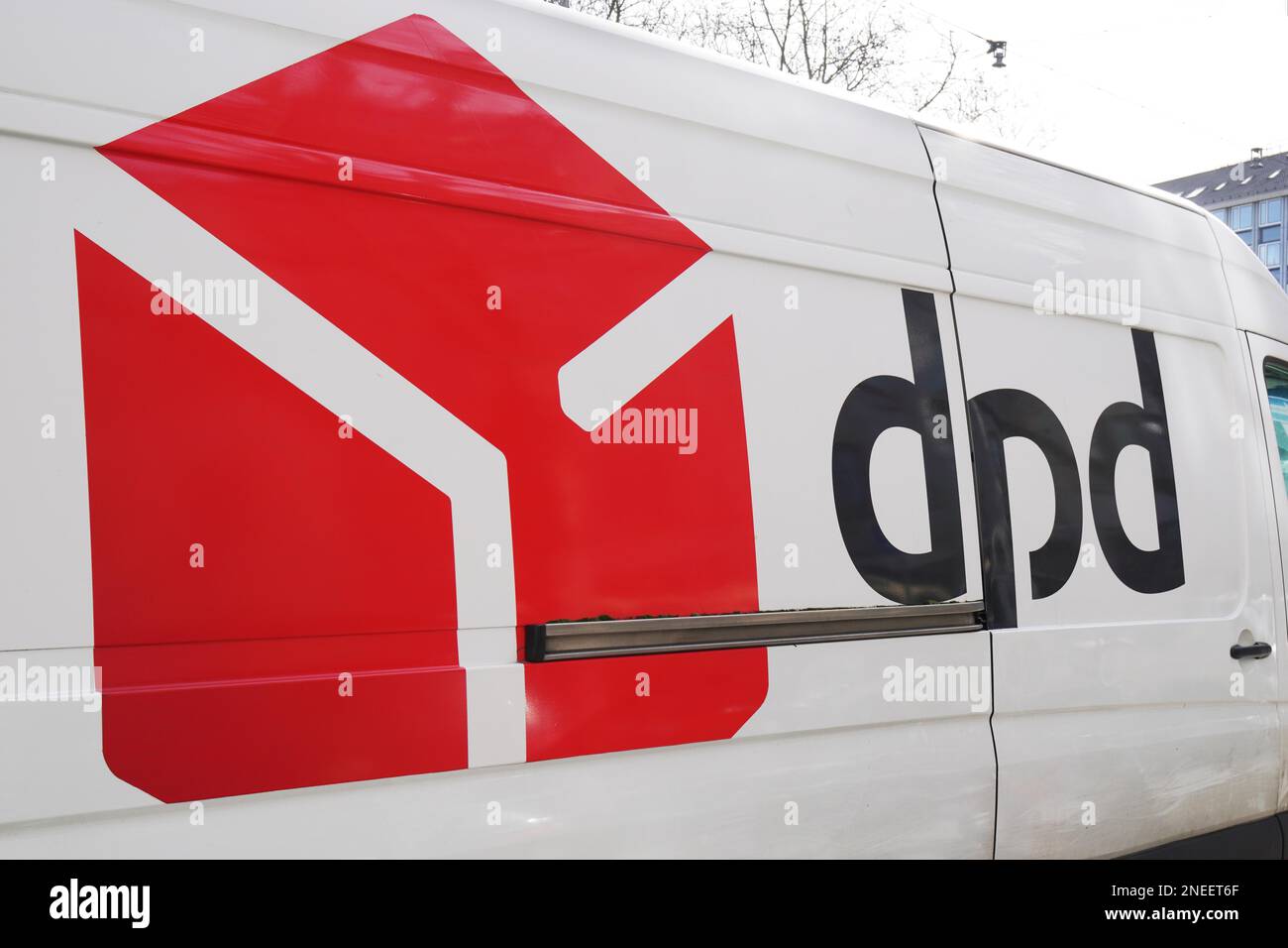 Hannover, Germany - March 2, 2020: dpd logo and brand on delivery van. DPD stands for Dynamic Parcel Distribution or Deutscher Paket Dienst in German Stock Photo