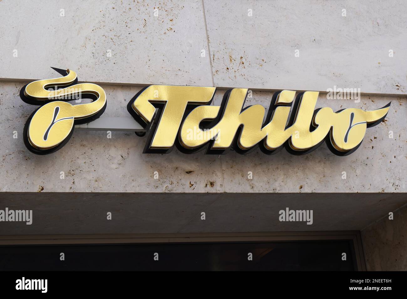 Hannover, Germany - March 02, 2020: Tchibo logo store sign at local branch of german coffee retail chain stores Stock Photo
