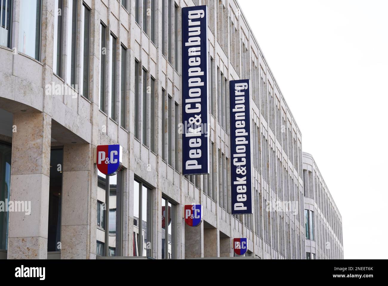 Hannover, Germany - March 2, 2020: Peek Cloppenburg and PC logo signs at facade of german retail clothing chain store branch Stock Photo