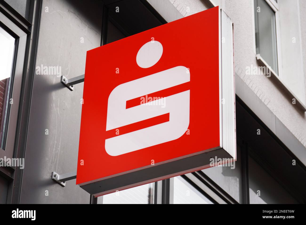 Hannover, Germany - March 1, 2020: Close-up sign with Sparkasse - German savings bank - logo on local branch building exterior Stock Photo