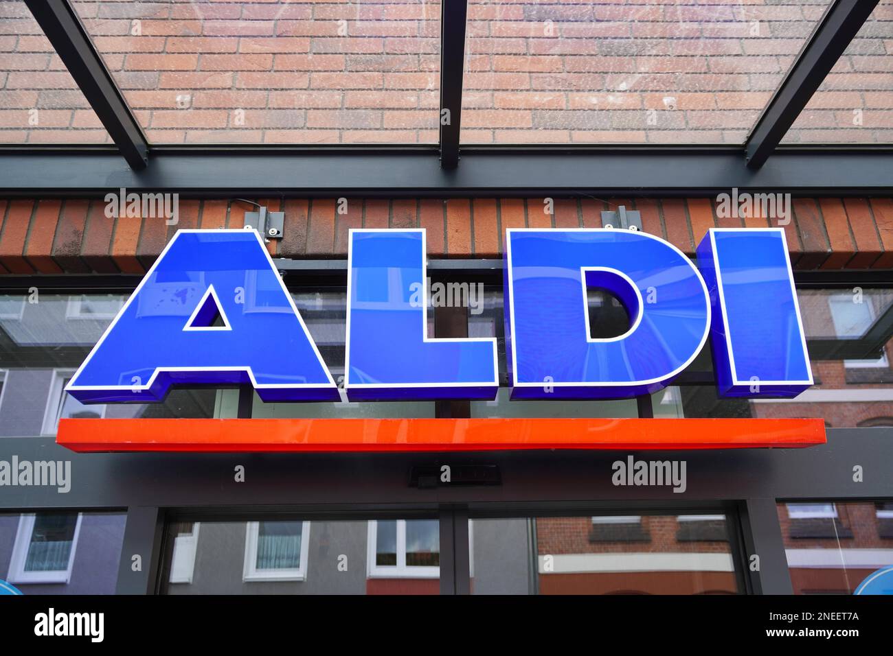 Hannover, Germany - March 1, 2020: Aldi Nord logo sign at local branch of german discount supermarket chain Stock Photo