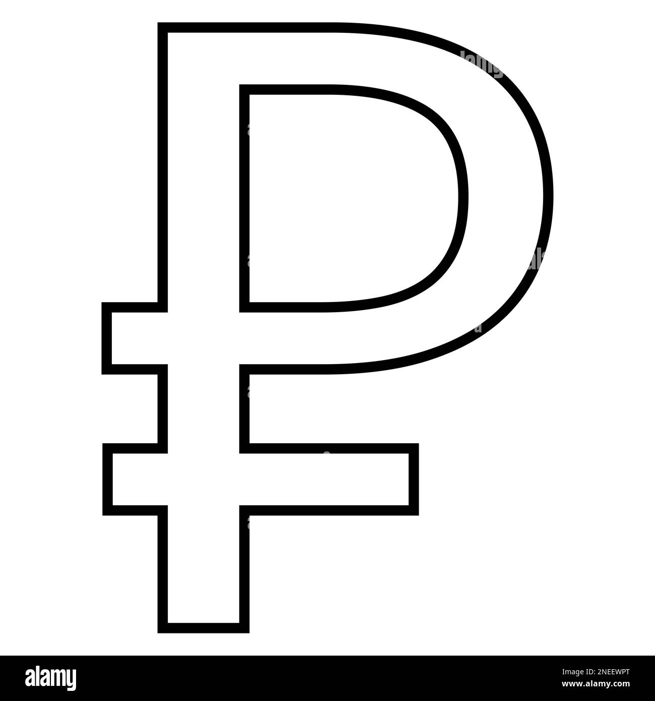 Russian ruble RUB currency sign outline front view isolated on white