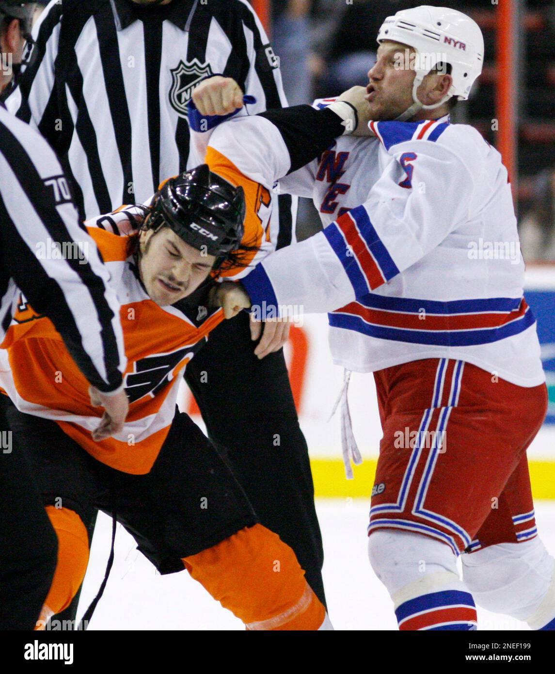 New York Rangers' Sean Avery, right, fights with Philadelphia Flyers ...