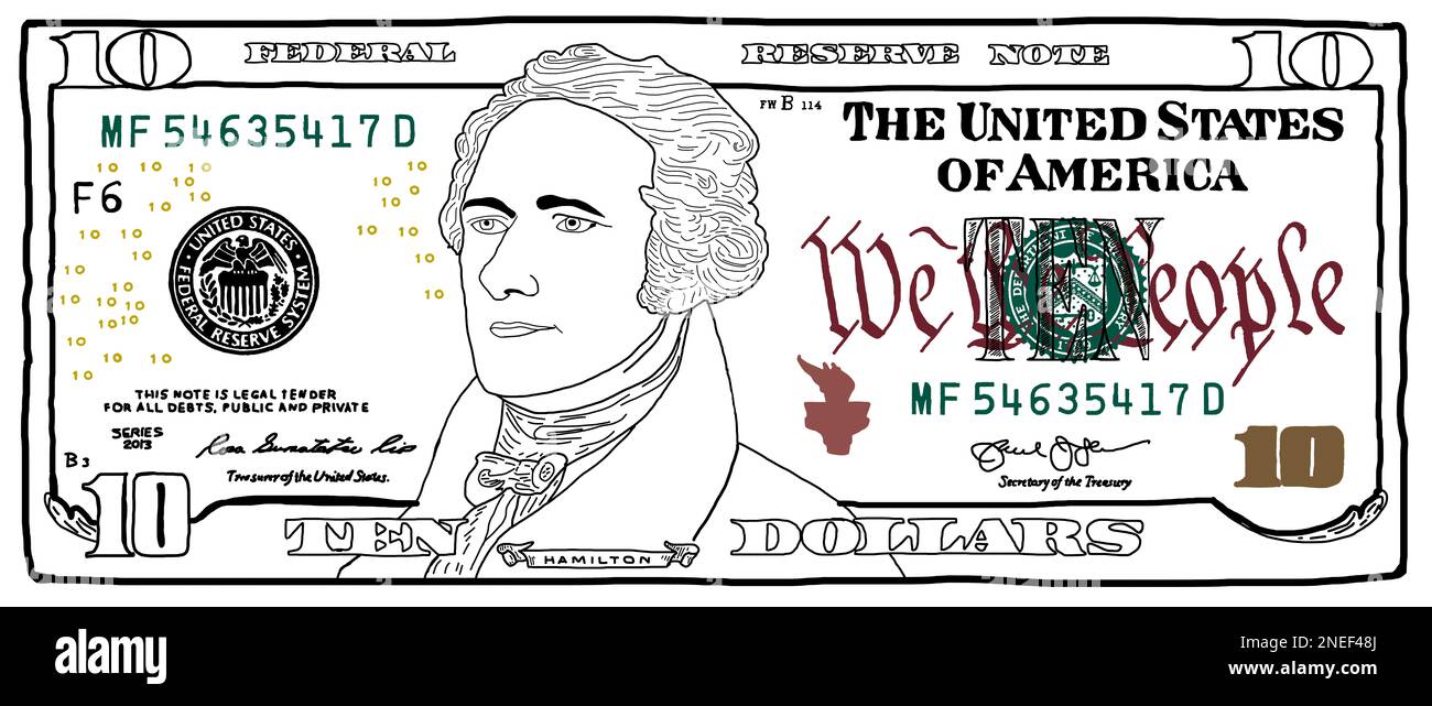 Cartoon hand drawn colorized 10 dollar banknote for design purpose Stock Photo