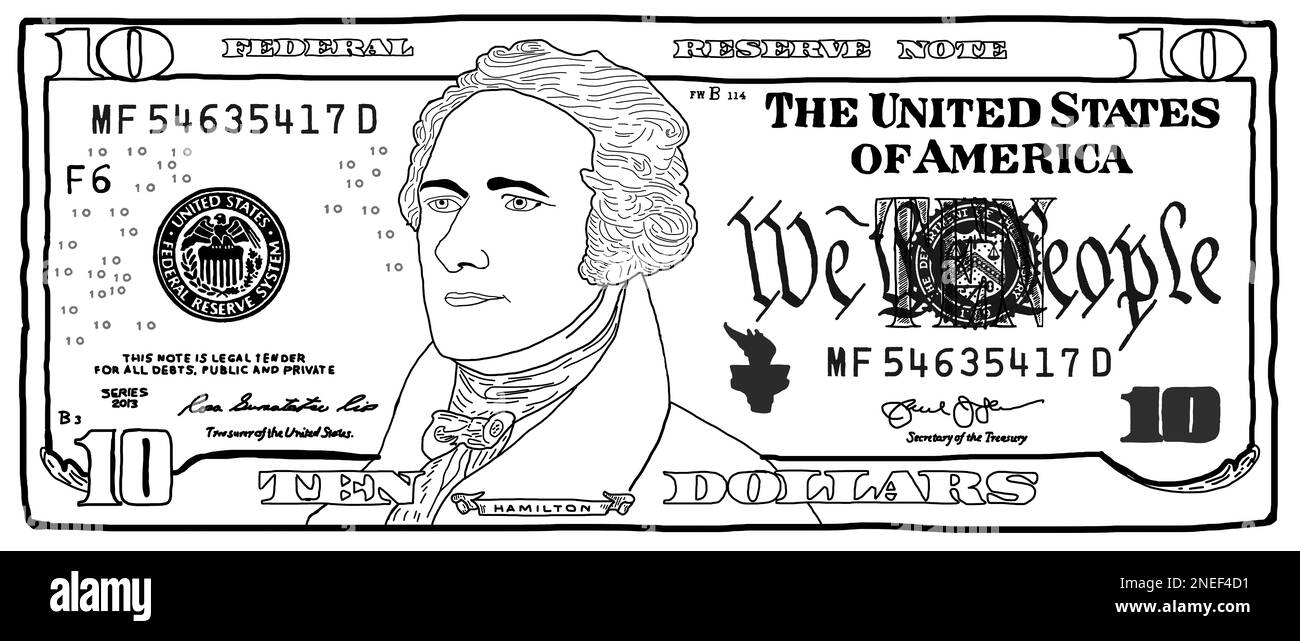 Cartoon hand drawn colorized 10 dollar banknote for design purpose