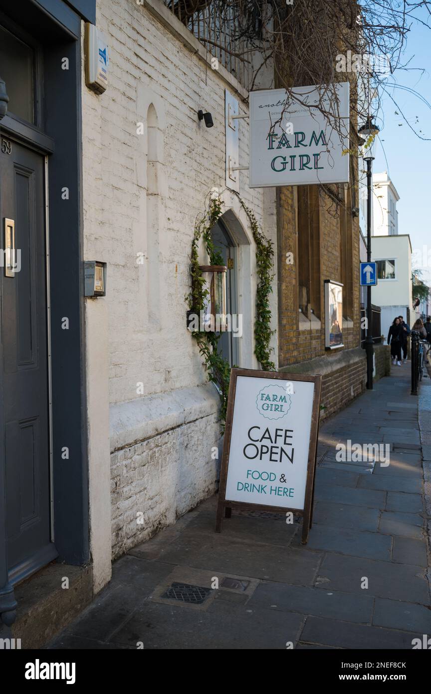 Exterior of Farm Girl Cafe, one of a health-focused group of cafes and restaurants in London. Portobello Road, London, England, UK Stock Photo