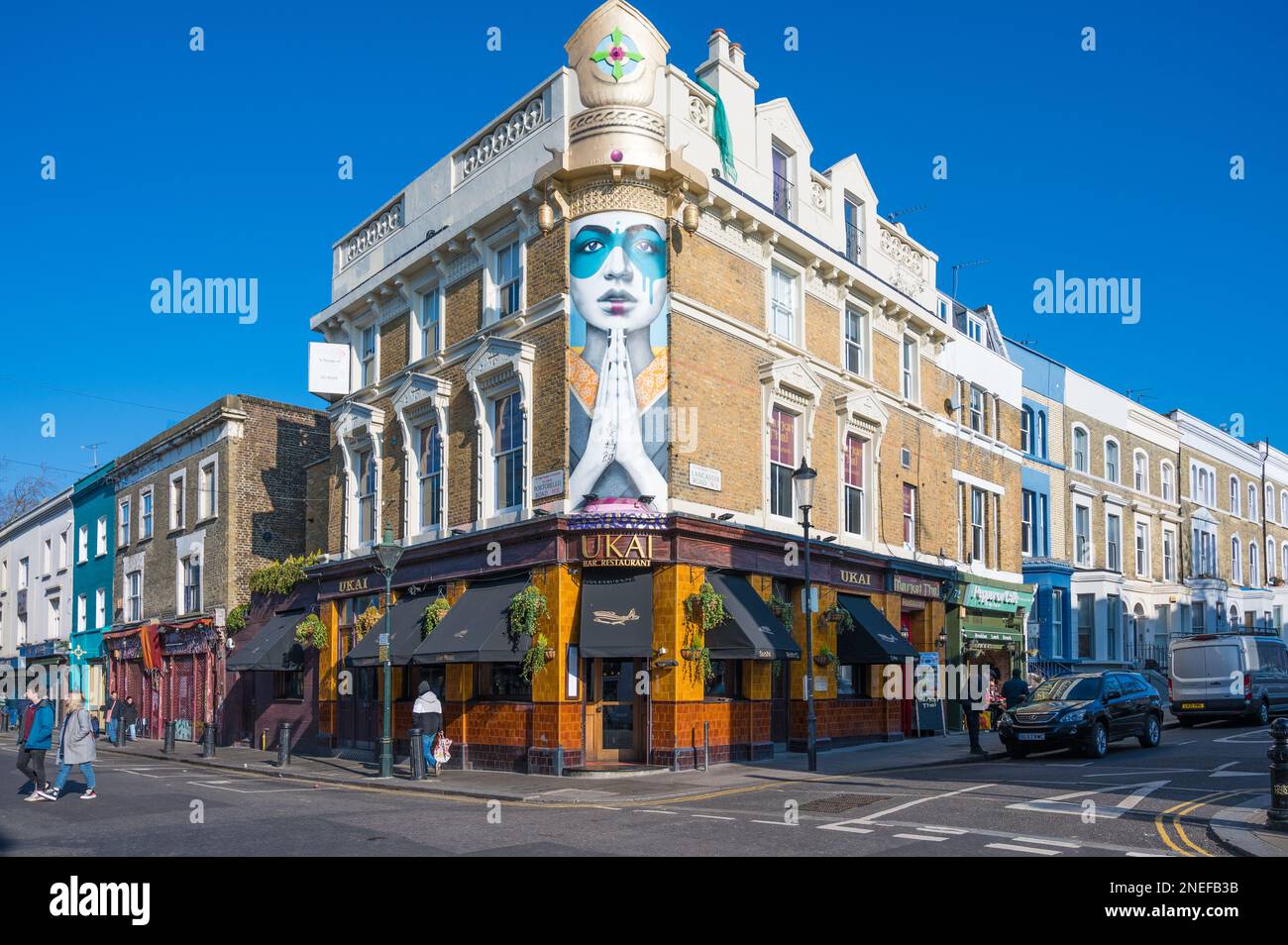Colourful exterior of Ukai Japanese restaurant on a sunny day on Portobello Road, London