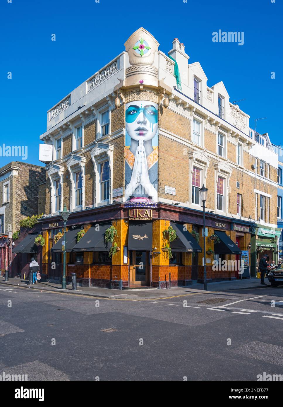 Colourful exterior of Ukai Japanese restaurant on a sunny day on Portobello Road, London