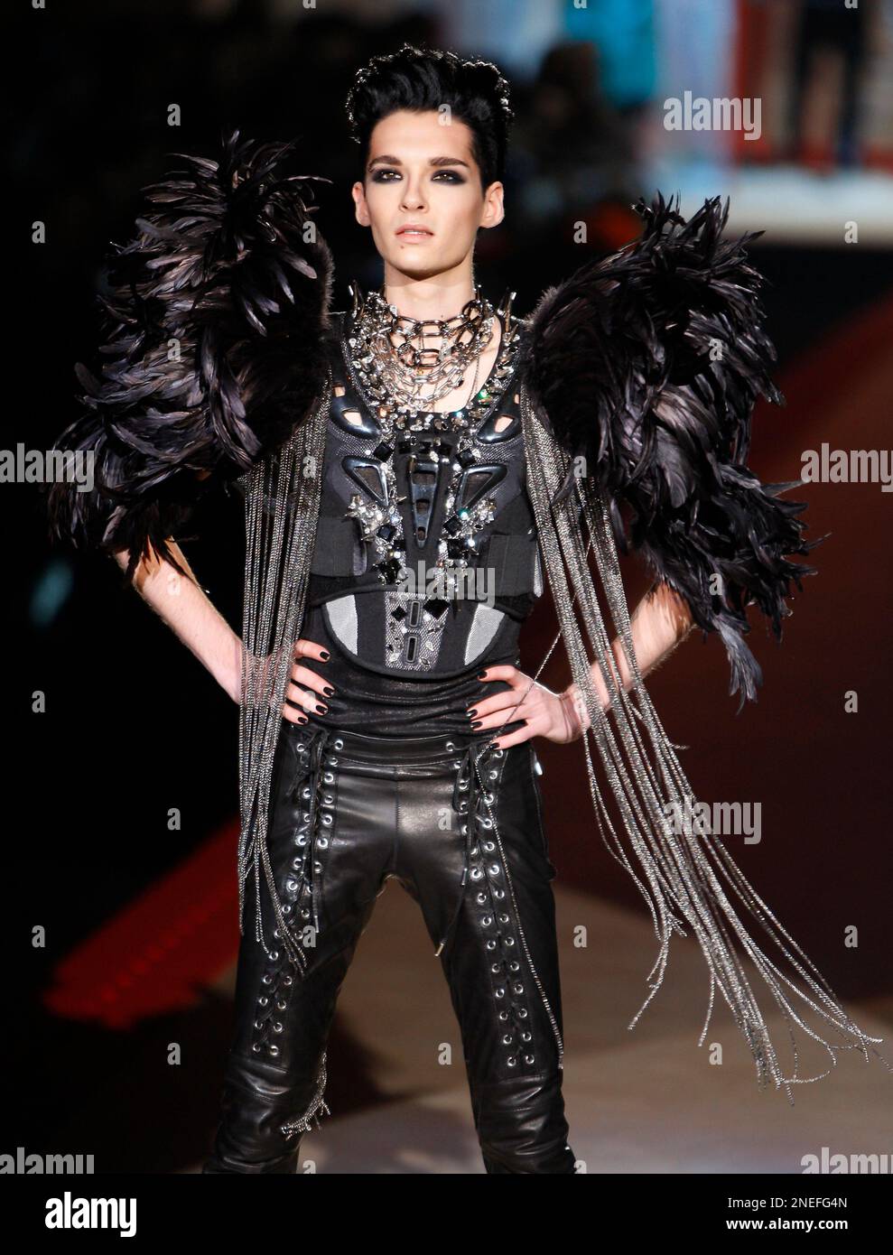 Tokio Hotel singer Bill Kaulitz, of Germany, wears a creation of DSquared2  men's Fall-Winter 2010/2011 collection, part of the Milan Fashion Week,  unveiled in Milan, Italy, Tuesday, Jan. 19, 2010. (AP Photo/Antonio