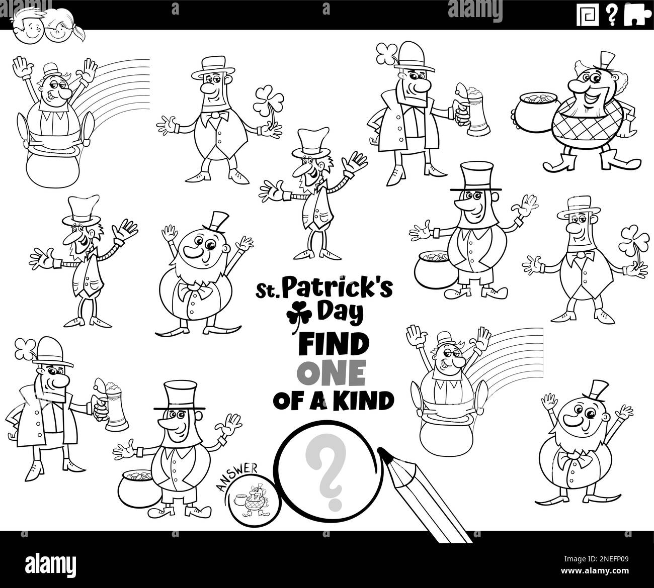 Black and white cartoon illustration of find one of a kind picture educational task with Leprechaun characters on Saint Patrick Day coloring page Stock Vector