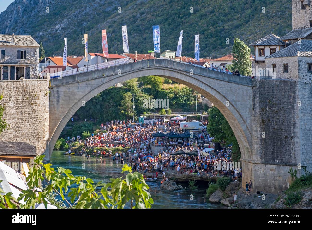 Annual diving competition on the Stari Most, 16th-century Ottoman bridge in the city Mostar, Herzegovina-Neretva Canton, Bosnia and Herzegovina Stock Photo