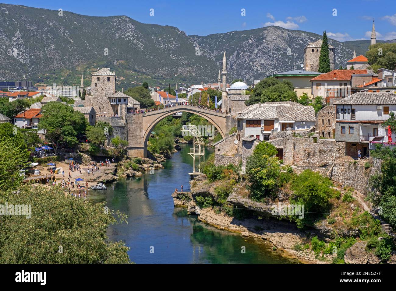 Stari Most, 16th-century Ottoman bridge over river Neretva in the old historic city Mostar, Herzegovina-Neretva Canton, Bosnia and Herzegovina Stock Photo