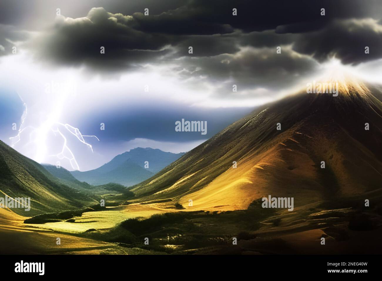 Mountains and valley with lightning storm in the distance. Edited AI generated image Stock Photo