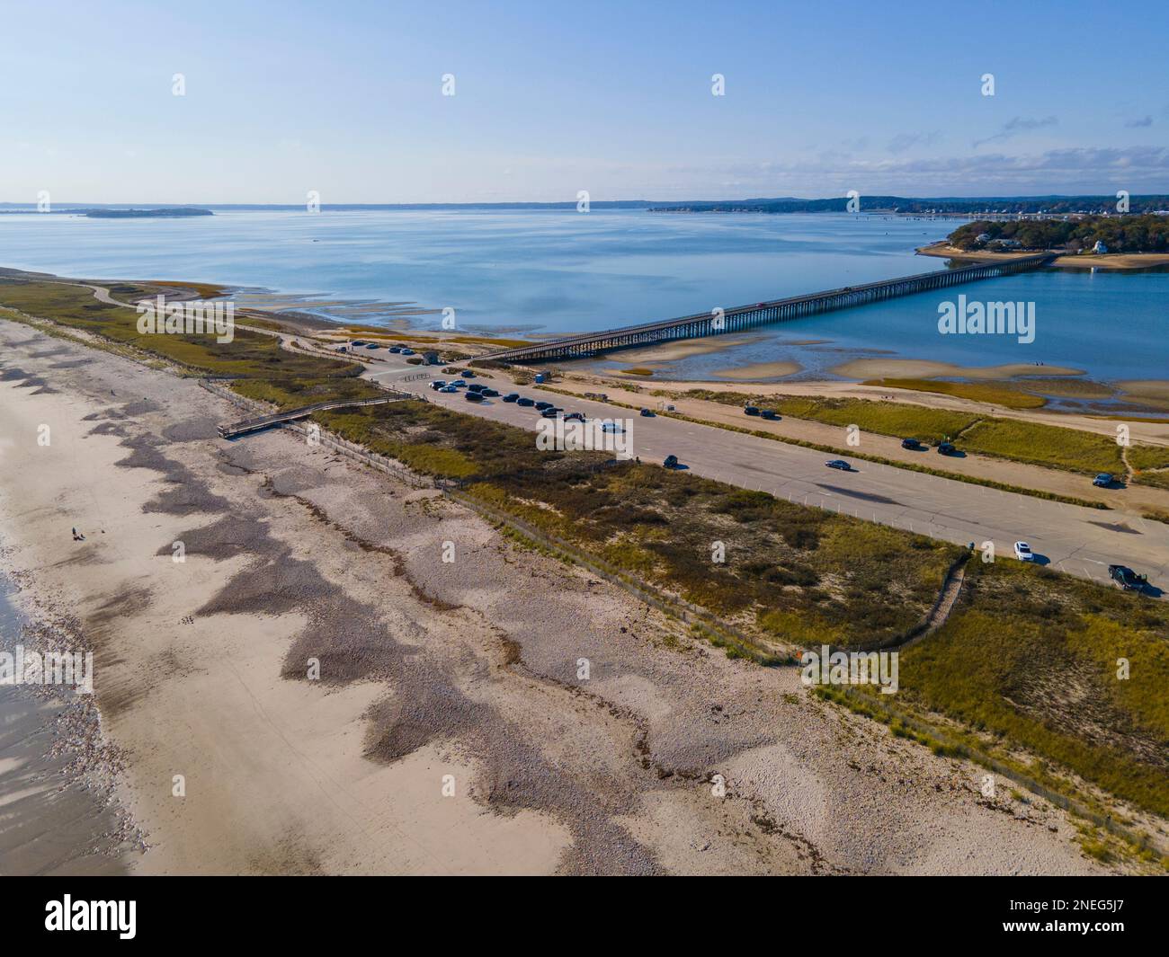Duxbury Beach on Long Island and Duxbury Bay aerial view in town of