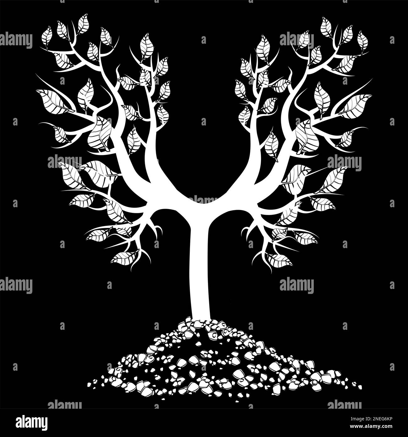 White silhouette of young tree with roots in pile of soil isolated on