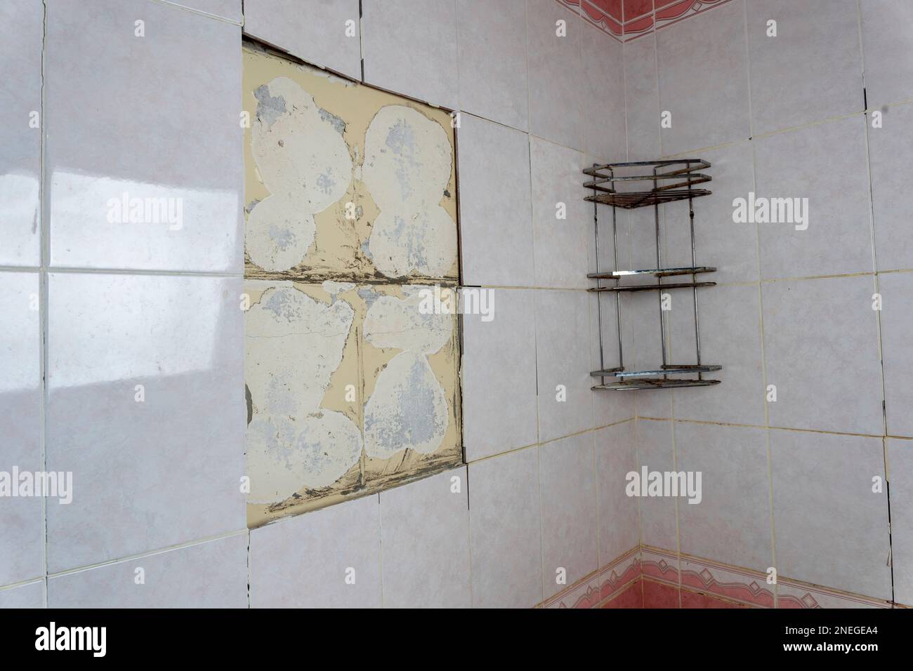 old shabby bathroom with fallen tiles. an old shelf. a piece of peeling
