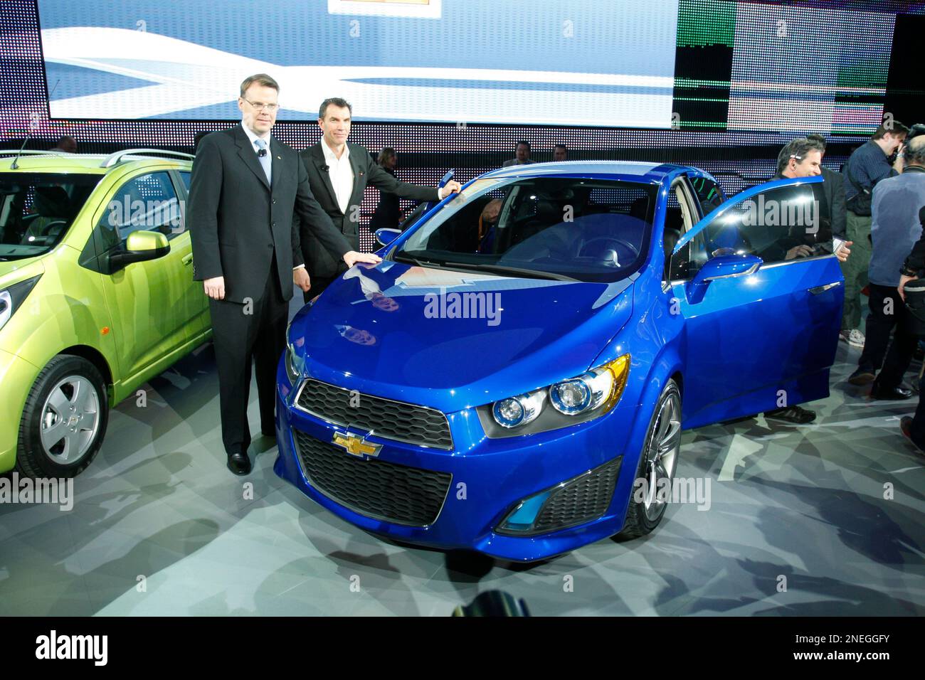 Chevrolet general manager Jim Campbell, left, poses with executive director of Chevrolet design
