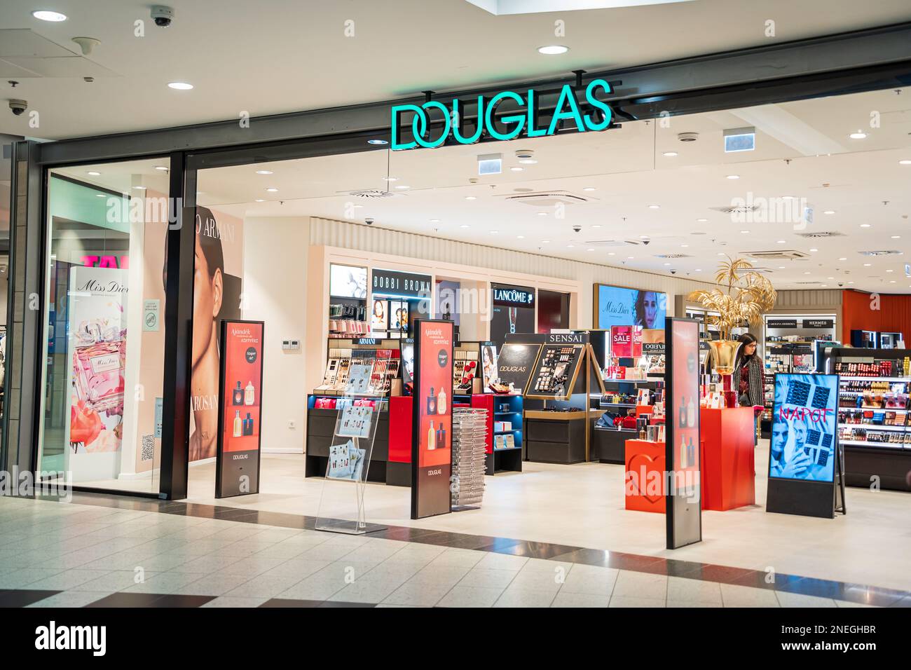 Douglas cosmetics and beauty store entrance with logo in a shopping mall. Premium beauty retailer in Budapest, Hungary - February 3, 2023 Stock Photo - Alamy