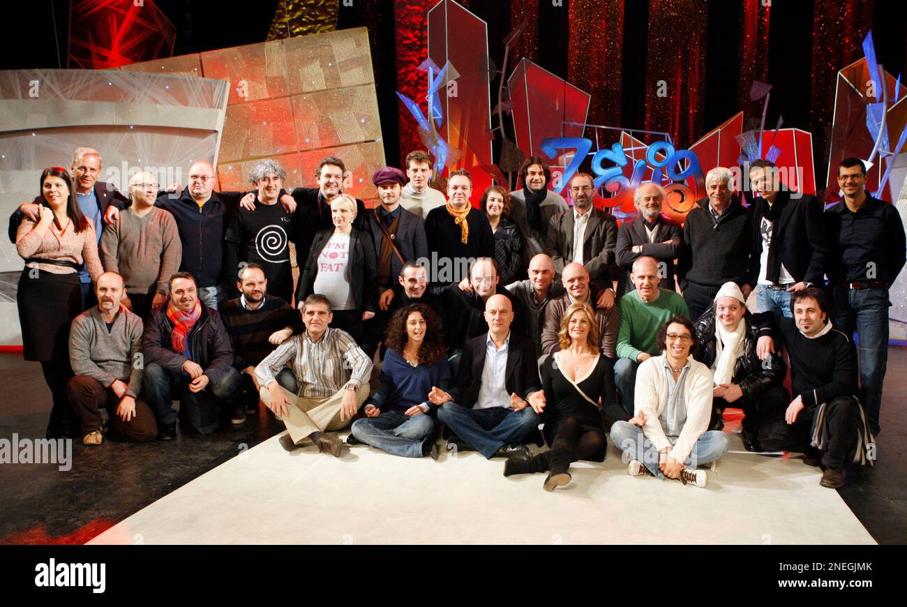 The group of comedians pose for photographer during a presentation of 'Zelig 2010' Tv show, in Milan, Italy, Tuesday, Jan.12, 2010. (AP Photo/Luca Bruno) Stock Photo