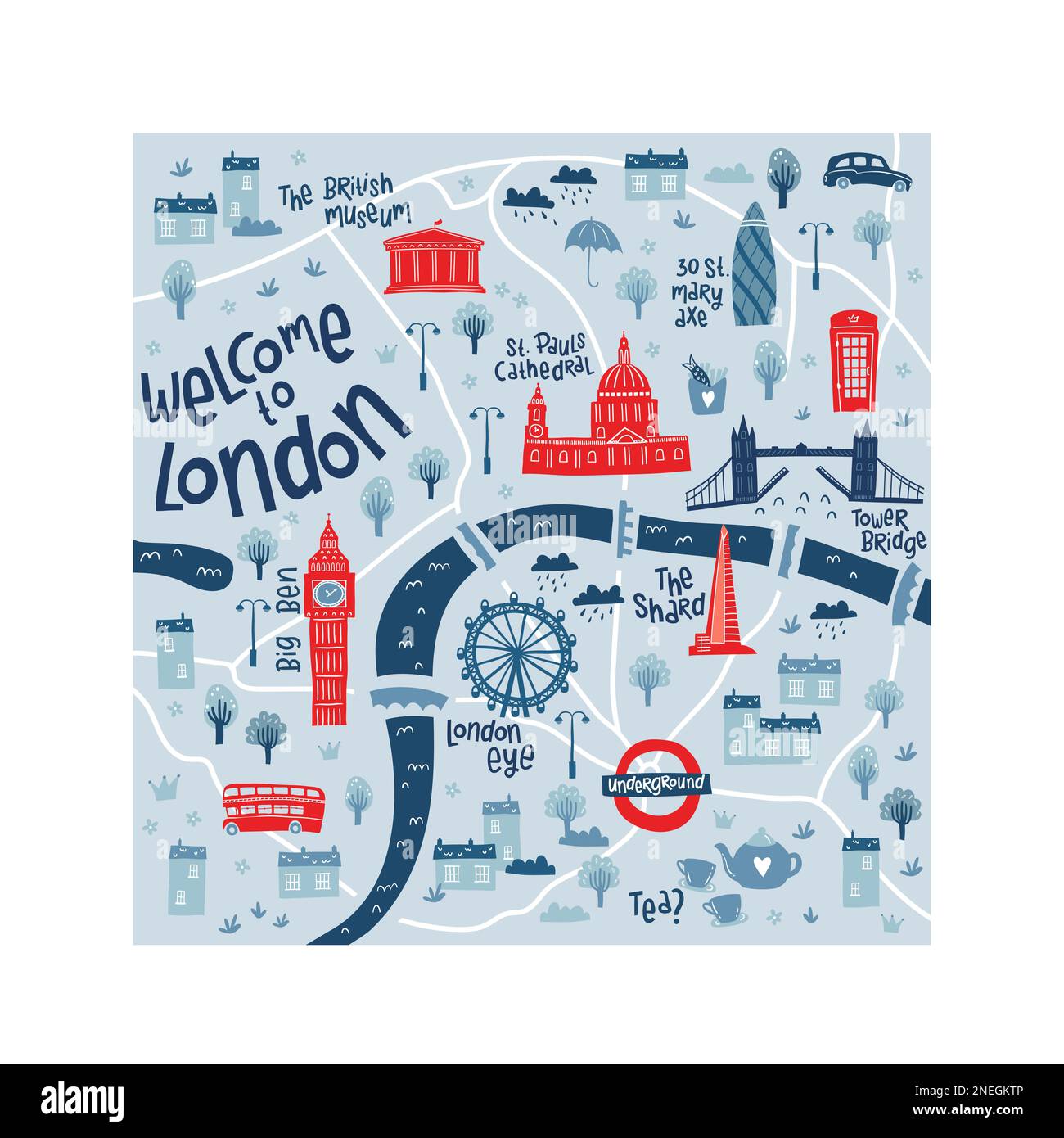 Cute hand drawn map of London with doodle elements, sights, buildings - great for postcards, prints, banners, wallpaper - vector design Stock Vector