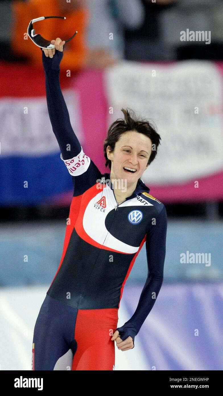 Czech Republic's Martina Sablikova celebrates winning the gold medal