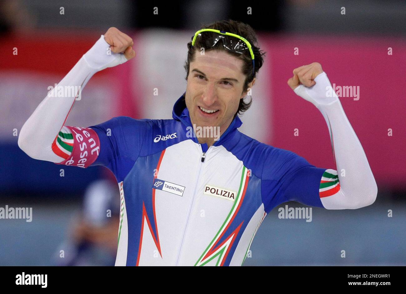 Italy's Enrico Fabris celebrates after competing in the men's 1500