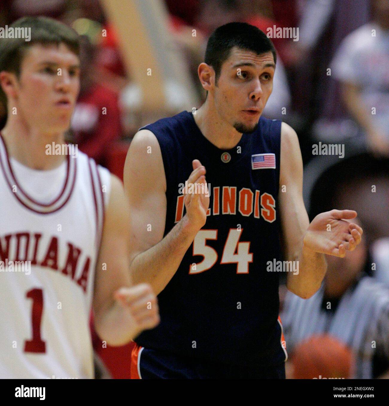 Illinois center Mike Tisdale (54) reacts as Indiana guard Jordan Hulls