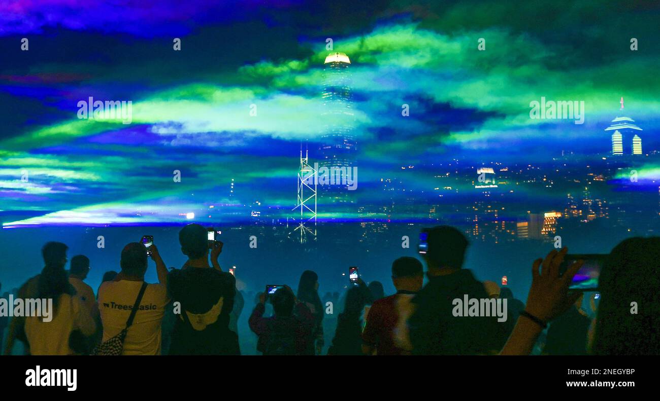 A large-scale outdoor art installation Borealis by Swiss artist Dan Acher, showcases at West Kowloon Cultural District for three consecutive weeks (13 February - 5 March 2023), mimicking the natural wonder of the northern lights in the night skies of Hong Kong.   Borealis is presented as part of SerendiCity, a media arts festival featuring new perspectives on art, urban environments, people and technology.  13FEB23 SCMP/ Dickson Lee Stock Photo