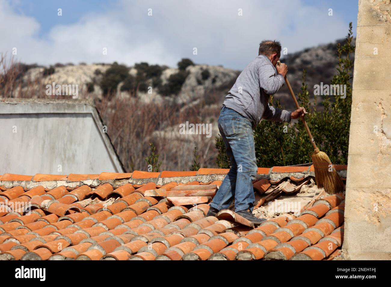 Destroyed roof tile seen after an earthquake in Bascanska Draga ...