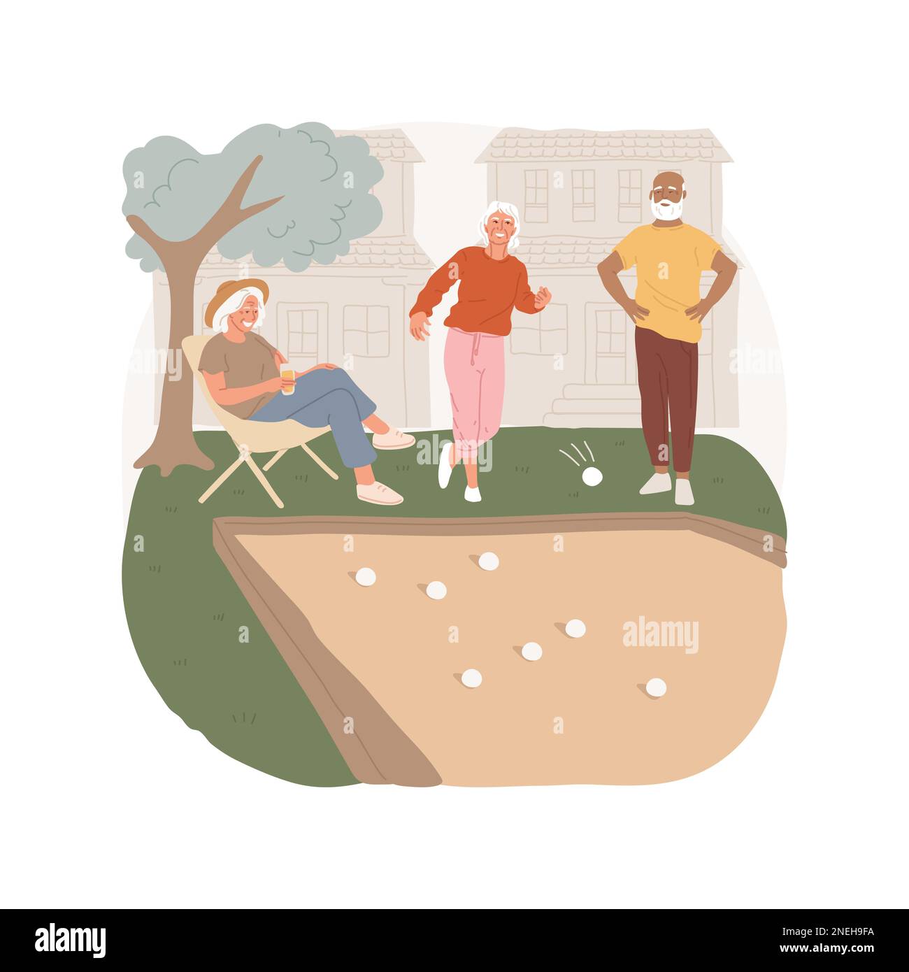 Bocce ball isolated cartoon vector illustration. Petanque game, senior people playing bocce ball in the park under trees, outdoor recreation area, suburban houses on background vector cartoon. Stock Vector