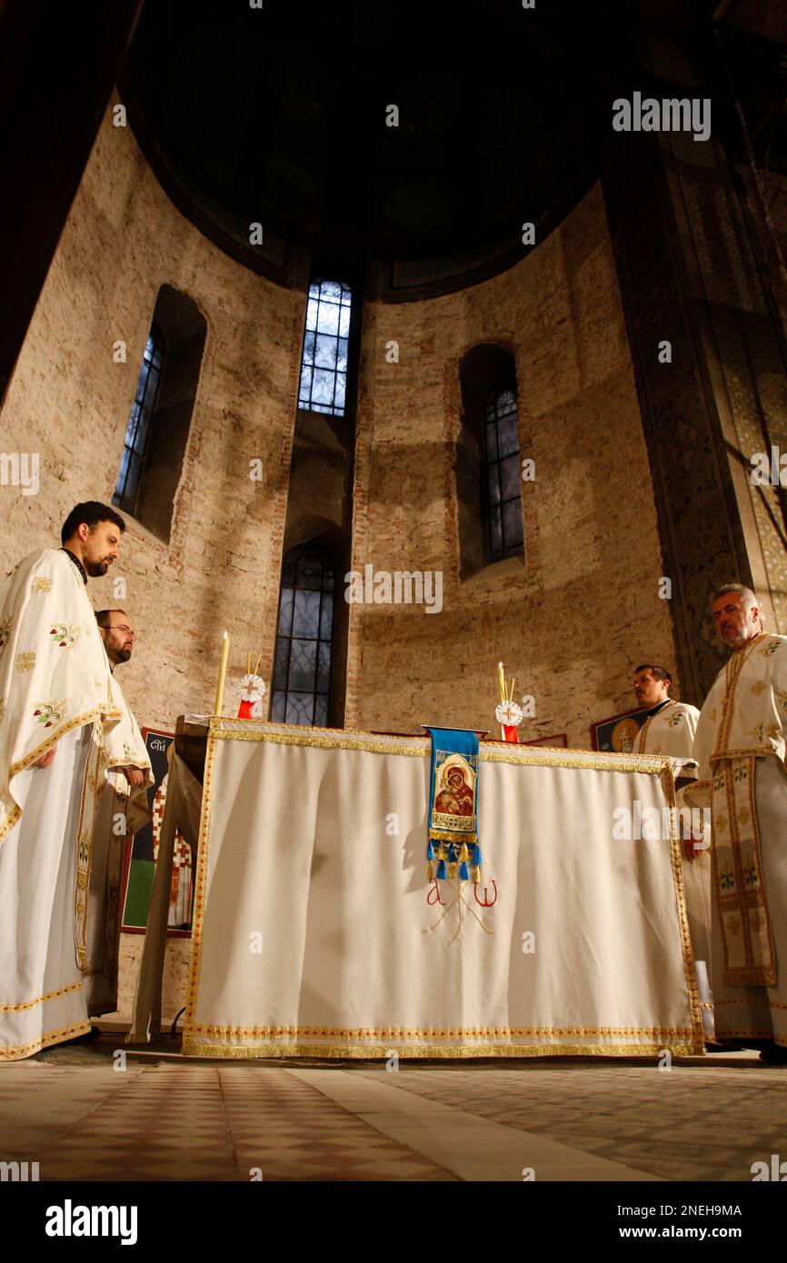 Orthodox priests heading an Orthodox Christmas service at the Bosnian