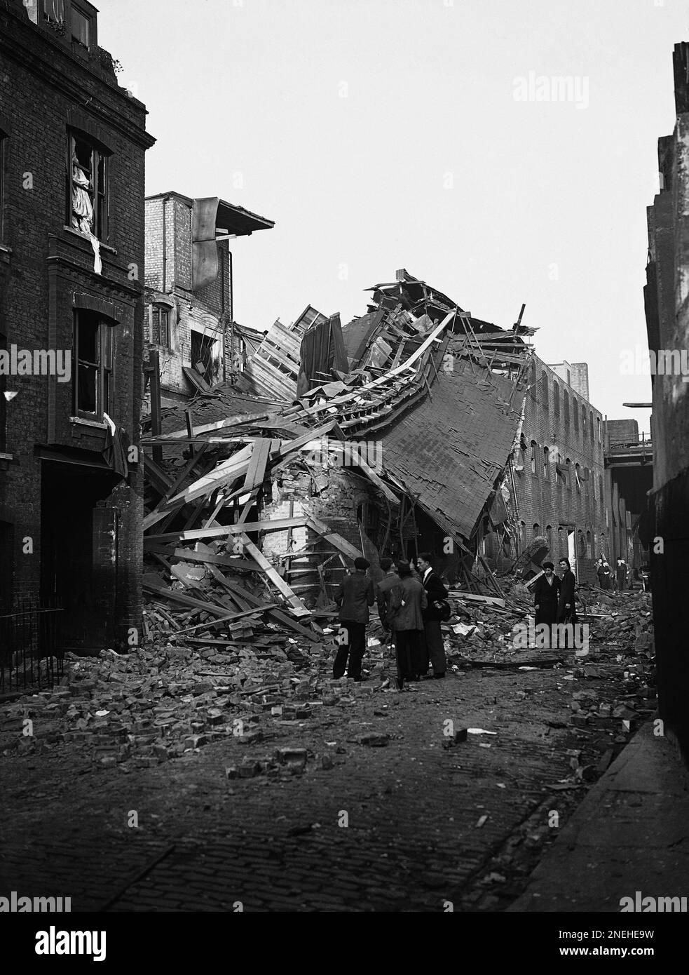 The damage done by a German bomb which fell on a stables in a London