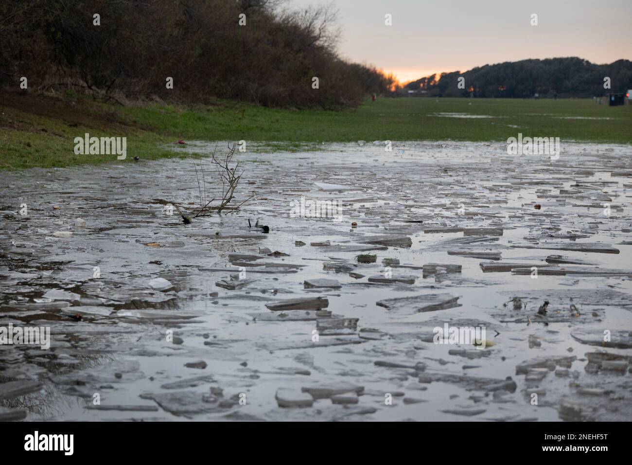 Frozen puddle in a filed in Worthing, West Sussex, UK Stock Photo