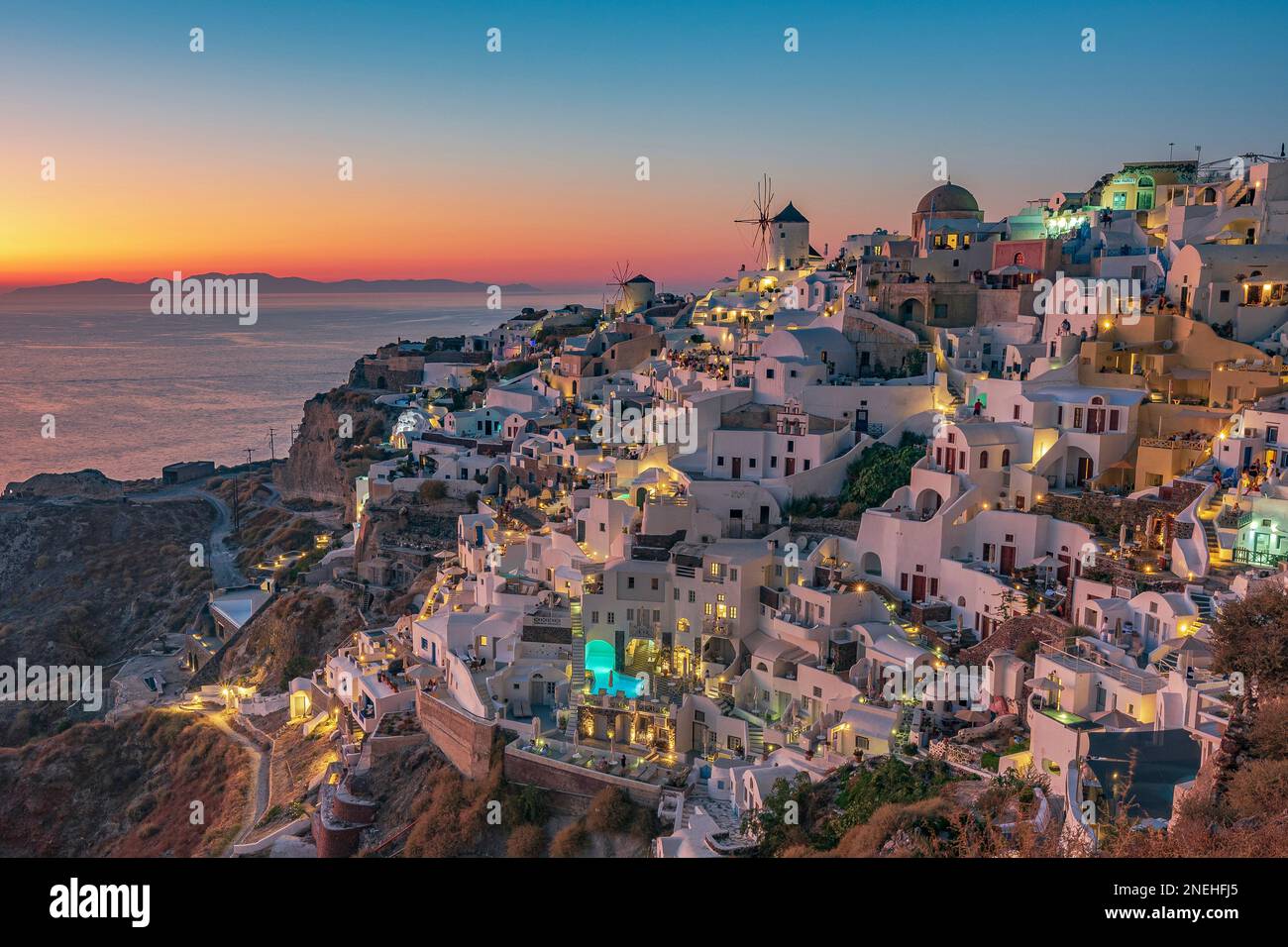 The picturesque village of Oia at dusk, Santorini Stock Photo