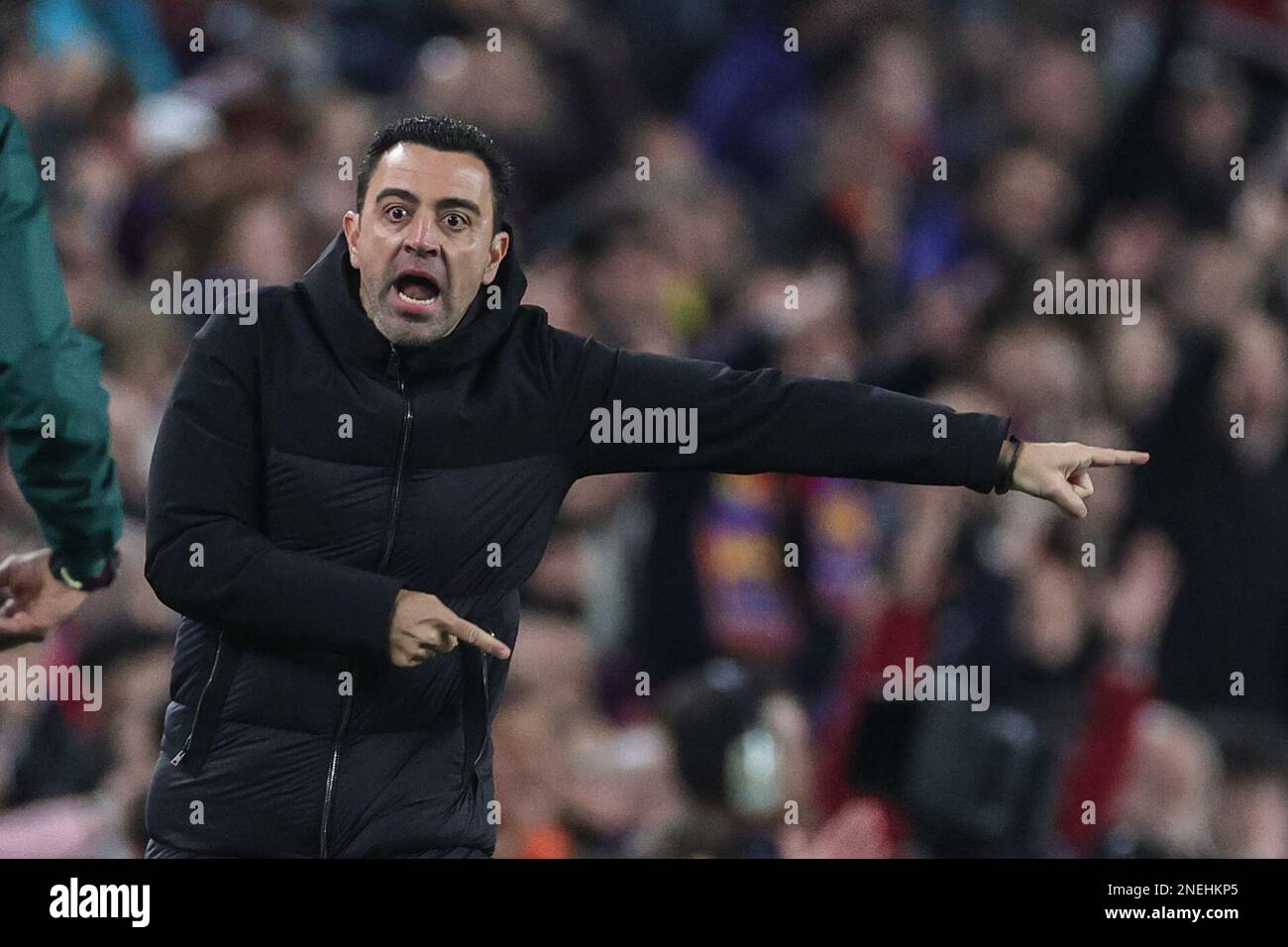 Xavi manager of Barcelona reacts during the UEFA Europa League Knockout Round Play-Offs Barcelona vs Manchester United at Spotify Camp Nou, Barcelona, Spain, 16th February 2023  (Photo by Mark Cosgrove/News Images) Stock Photo