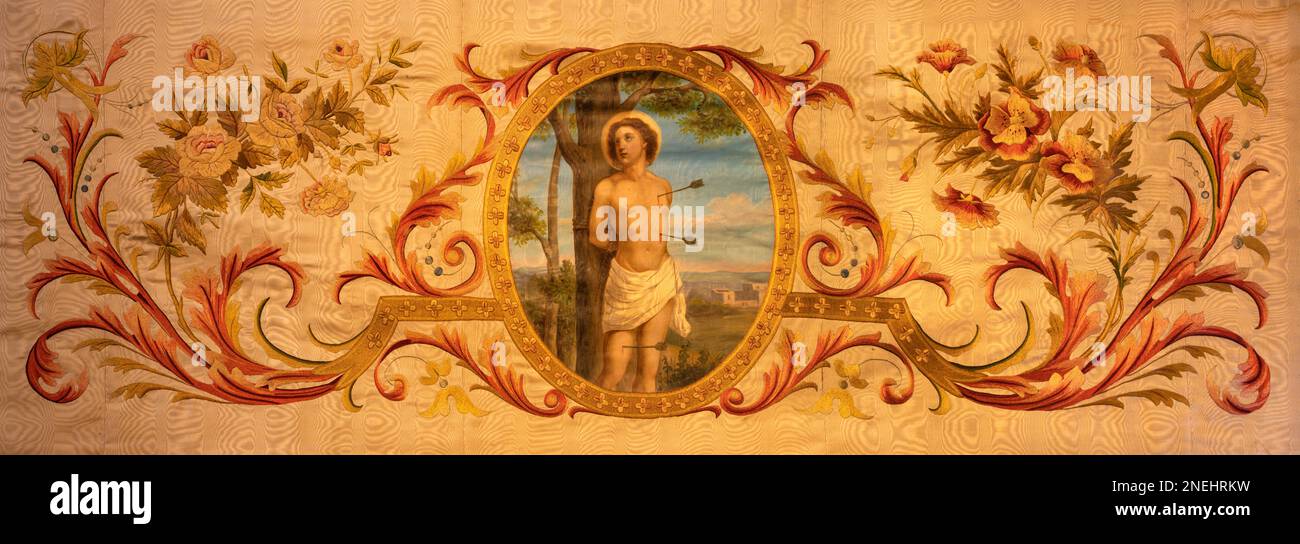BIELLA, ITALY - JULY 15, 2022: The paint St. Sebastian on the textile