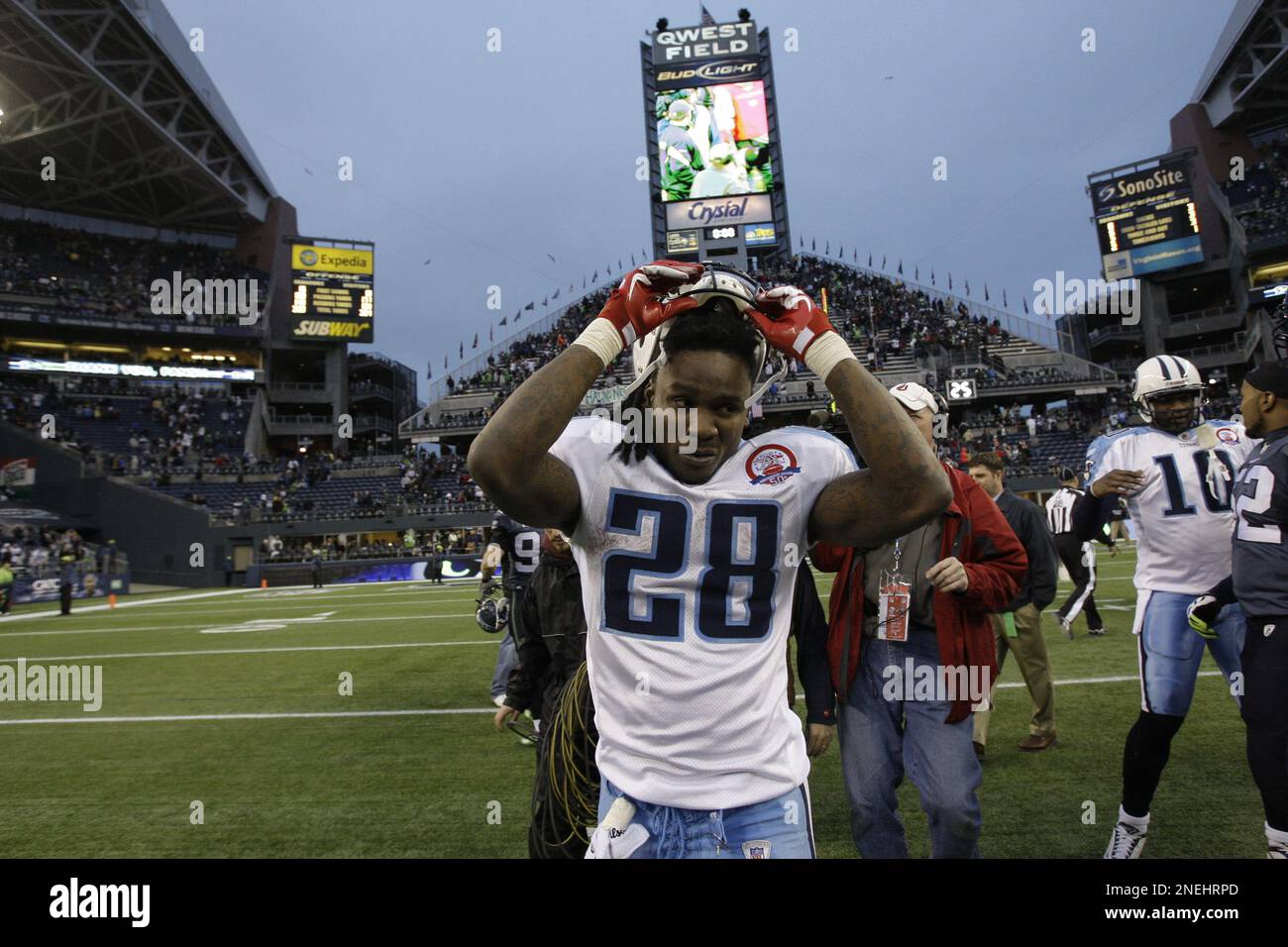 Tennessee Titans running back Chris Johnson (28), left, celebrates with  teammate Ahmard Hall (45) after scoring a touchdown in the fourth quarter  against the Kansas City Chiefs. The Titans defeated the Chiefs