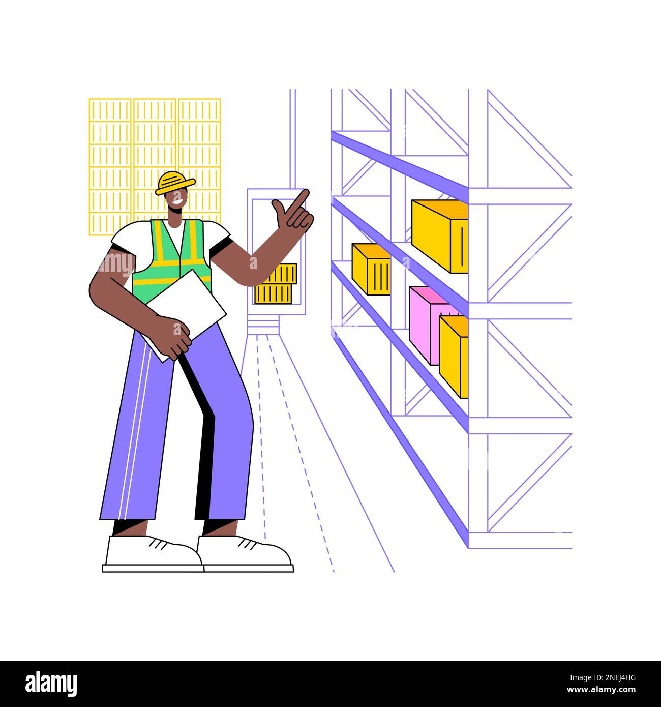 Automated storage and retrieval system isolated cartoon vector illustrations. Warehouse manager controls automatically retrieving of goods, inventory technologies, AS-RS industry vector cartoon. Stock Vector