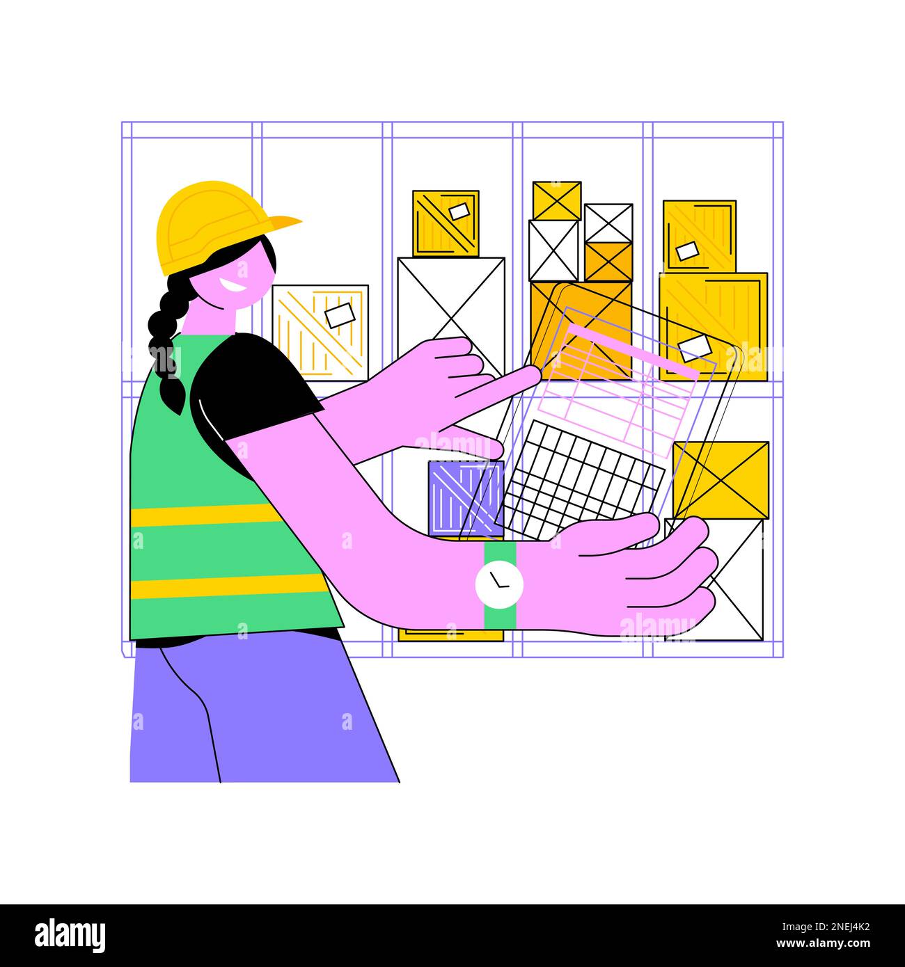 Inventory tracking isolated cartoon vector illustrations. Warehouse worker using inventory technologies, manager checks goods using tracking software and tablet, smart stock vector cartoon. Stock Vector