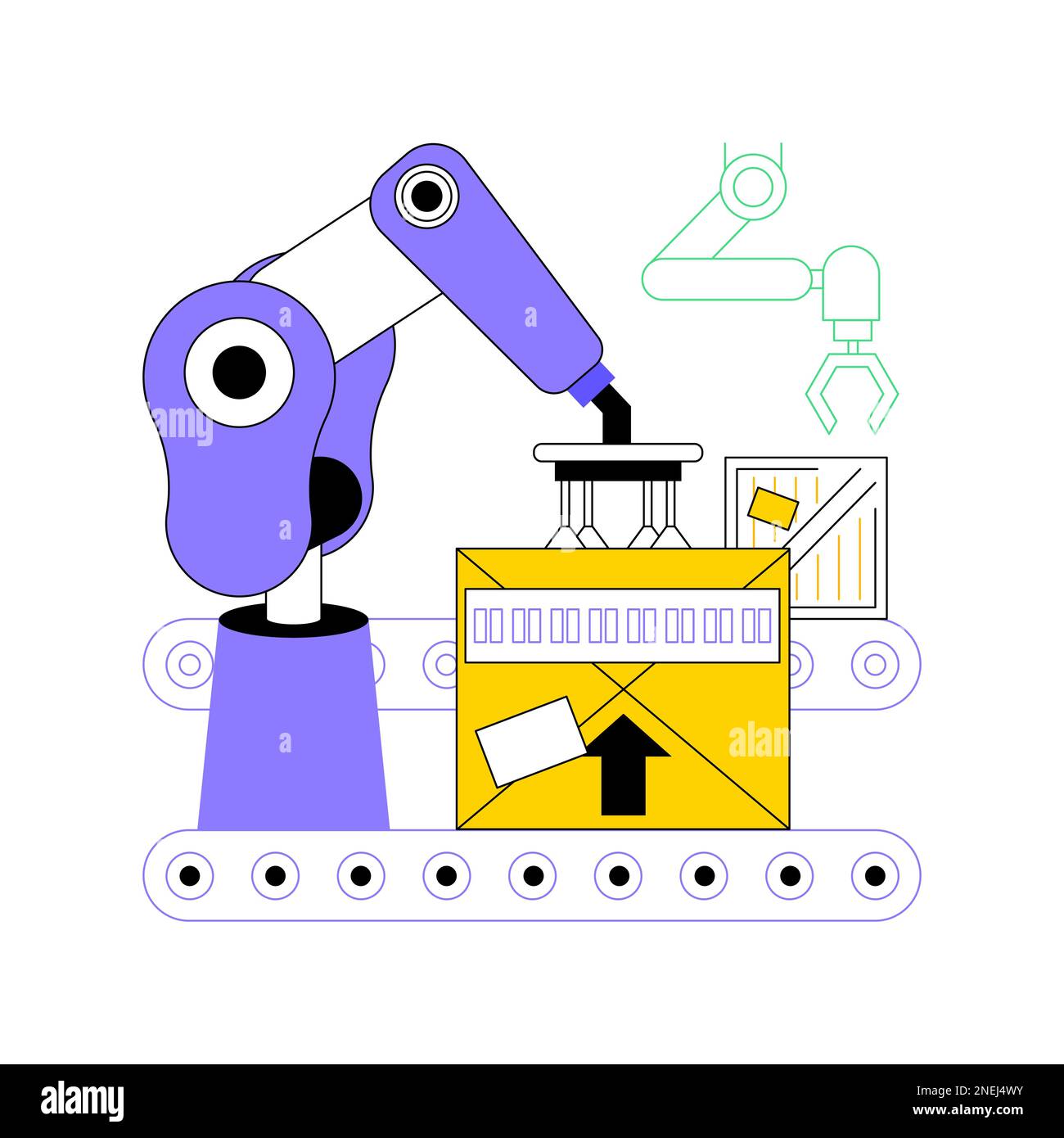 Automated sortation system isolated cartoon vector illustrations. Automated robotic arm sorting goods in smart warehouse, inventory technologies, packing items process vector cartoon. Stock Vector