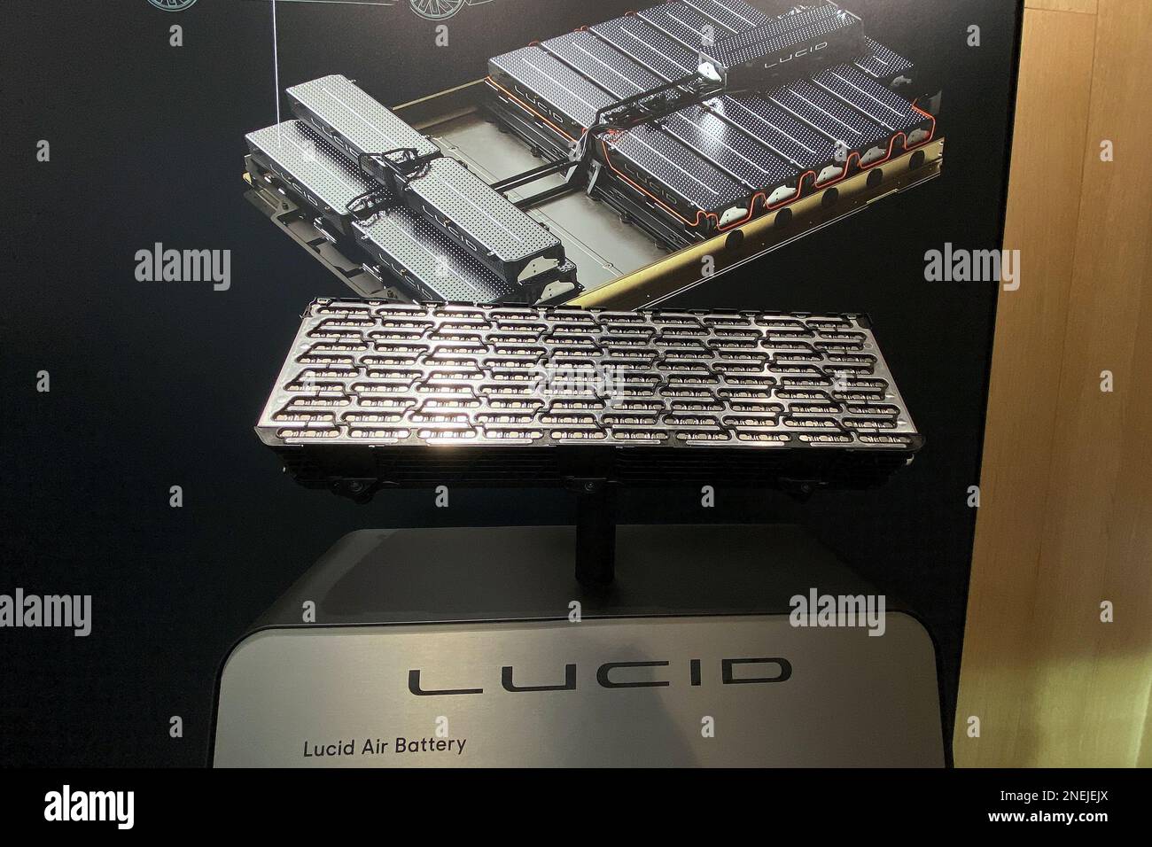 A Lucid Air electric car battery module sits on display inside a showroom, Thursday, Feb. 9