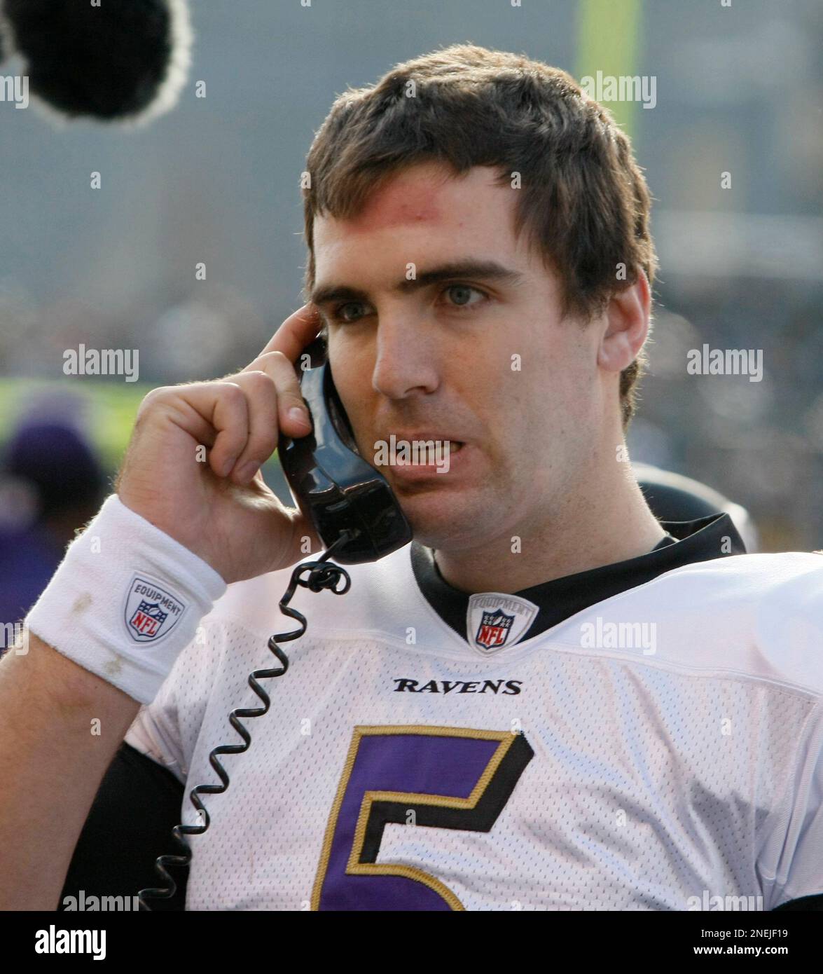 Baltimore Ravens quarterback Joe Flacco talks on a sideline phone during  the NFL football game between the Pittsburgh Steelers and the Baltimore  Ravens in Pittsburgh, Sunday, Dec. 27, 2009. (AP Photo/Keith Srakocic