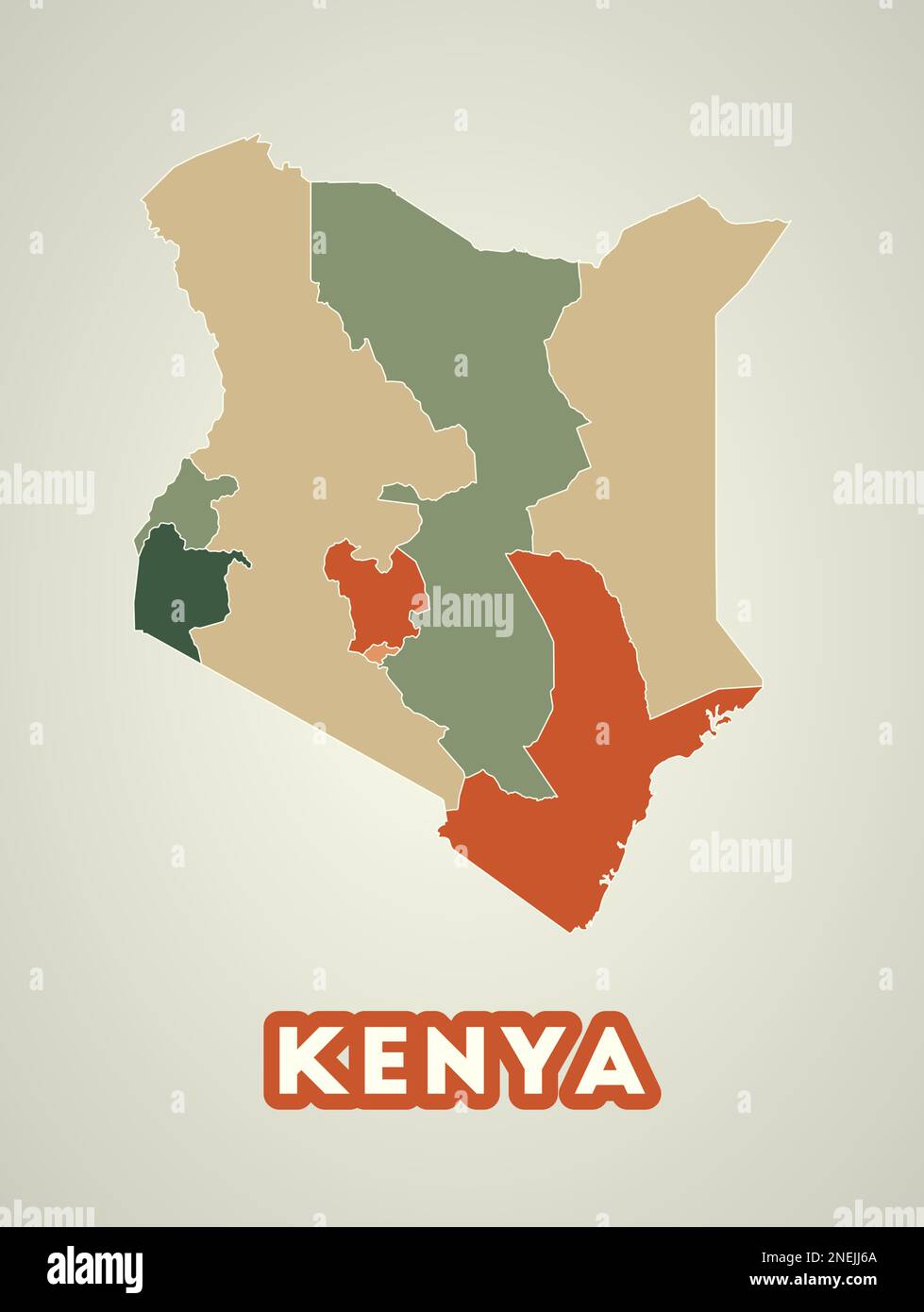 Kenya poster in retro style. Map of the country with regions in autumn