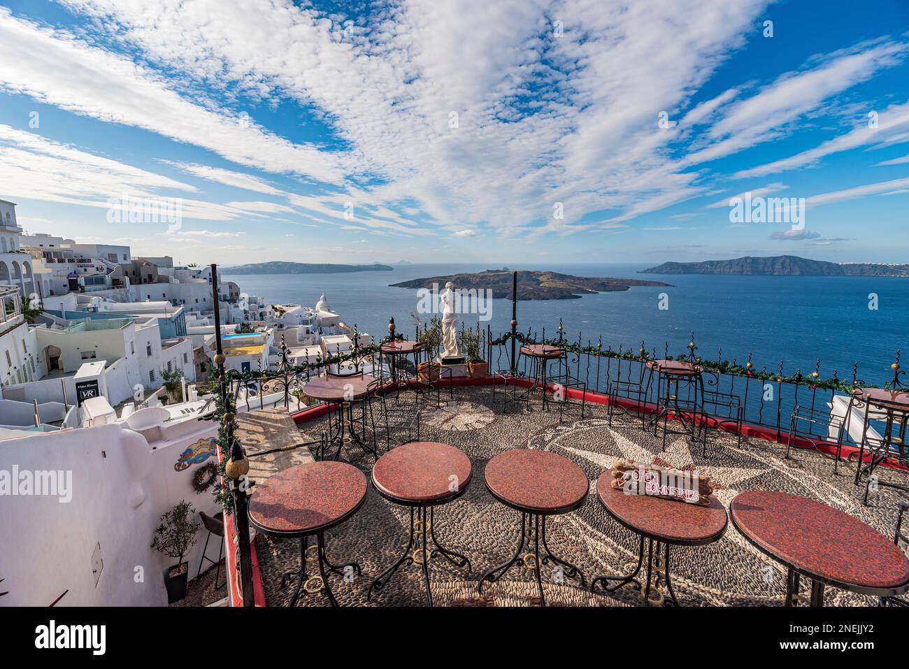 View on the caldera from a panoramic terrace in Fira, Santorini Stock Photo