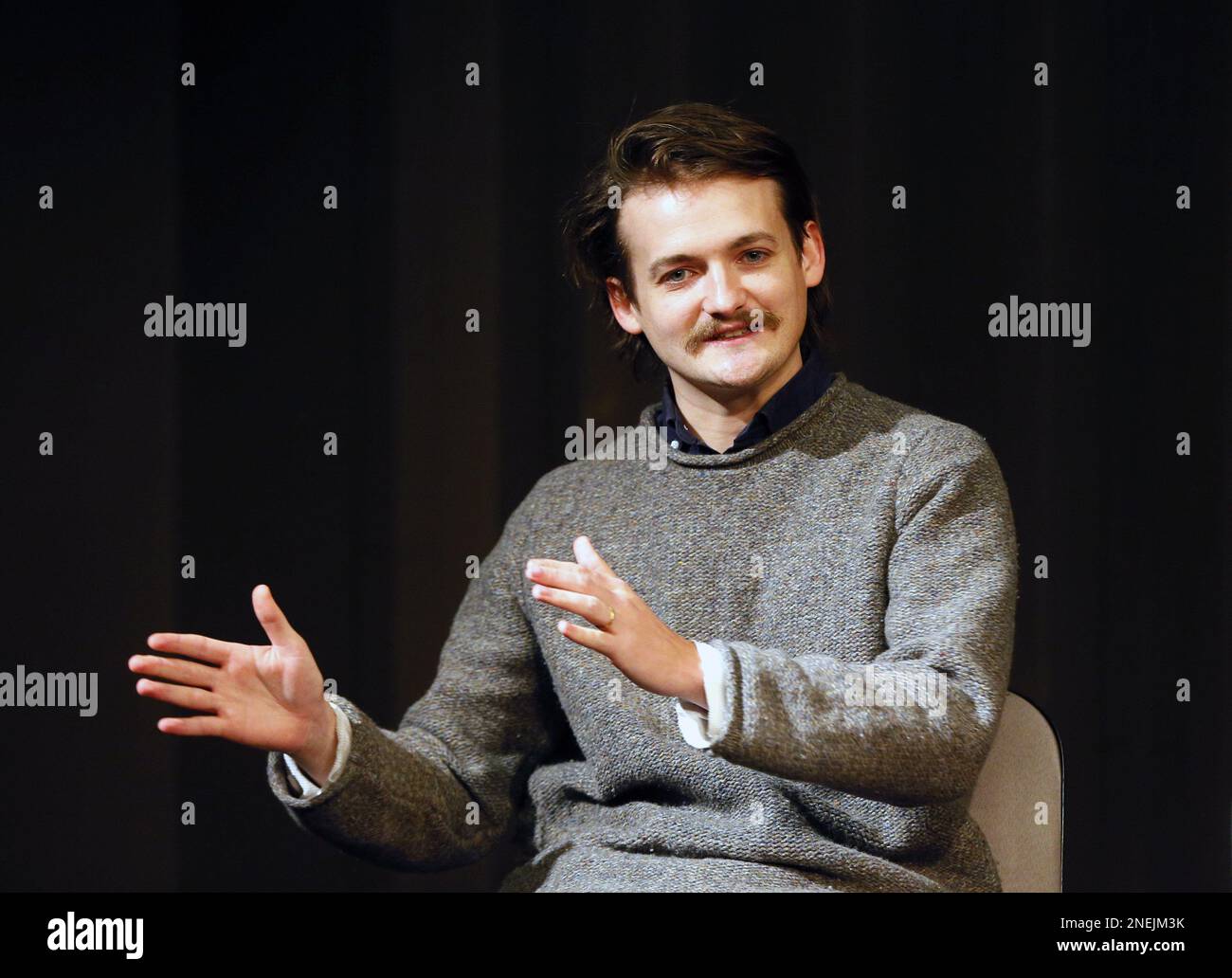 Kyiv, Ukraine 16 February 2023, Actor Jack Gleeson attends a meeting with Ukrainian actors at the Kyiv Academic Theater of Young Spectators in Kyiv, Ukraine 16 February 2023, amid Russia's invasion of Ukraine. Irish actor Jack Gleeson, best known for his role as King Joffrey Baratheon in the TV HBO series ''Game of Thrones'', came to Ukraine for several days to meet with fans and support the Ukrainian military, according to media. He along with his friends, brought a pickup truck, which was purchased by British volunteers for the Armed Forces of Ukraine, according to media. The actor will take Stock Photo