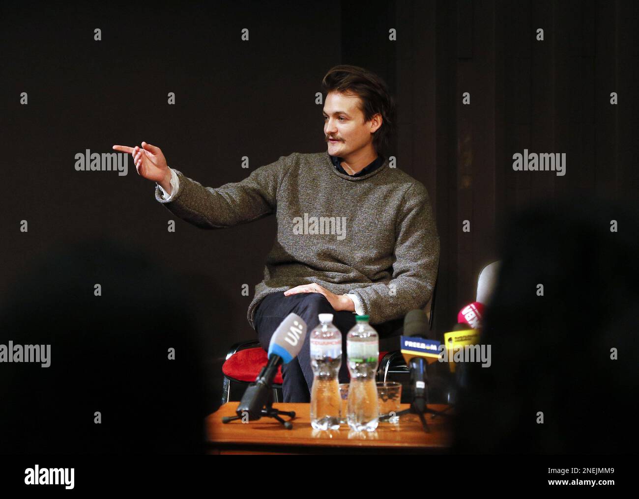 Kyiv, Ukraine 16 February 2023, Actor Jack Gleeson attends a meeting with Ukrainian actors at the Kyiv Academic Theater of Young Spectators in Kyiv, Ukraine 16 February 2023, amid Russia's invasion of Ukraine. Irish actor Jack Gleeson, best known for his role as King Joffrey Baratheon in the TV HBO series ''Game of Thrones'', came to Ukraine for several days to meet with fans and support the Ukrainian military, according to media. He along with his friends, brought a pickup truck, which was purchased by British volunteers for the Armed Forces of Ukraine, according to media. The actor will take Stock Photo