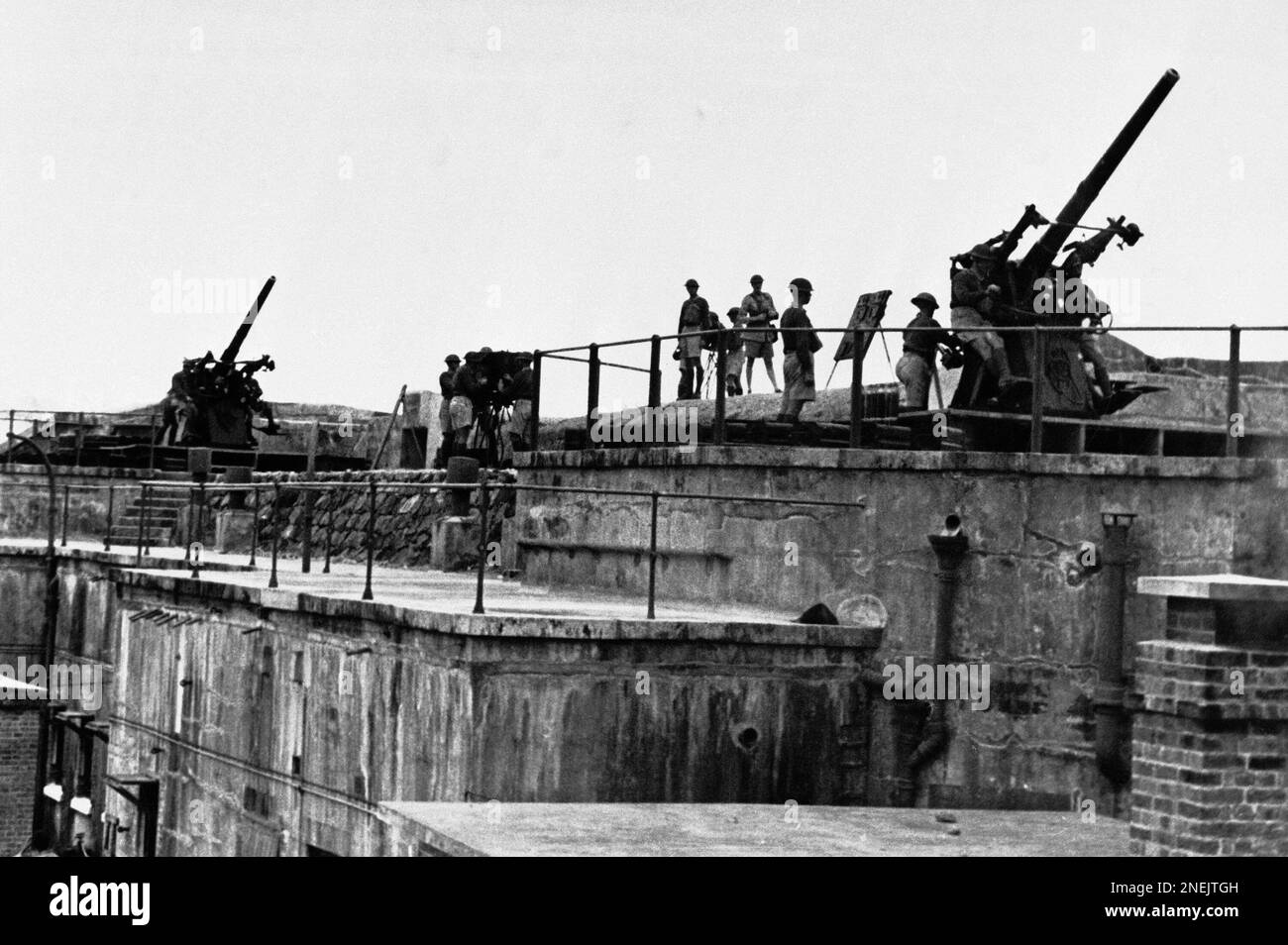 One of the many antiaircraft gun stations, which are in readiness in HongKong, on April 14