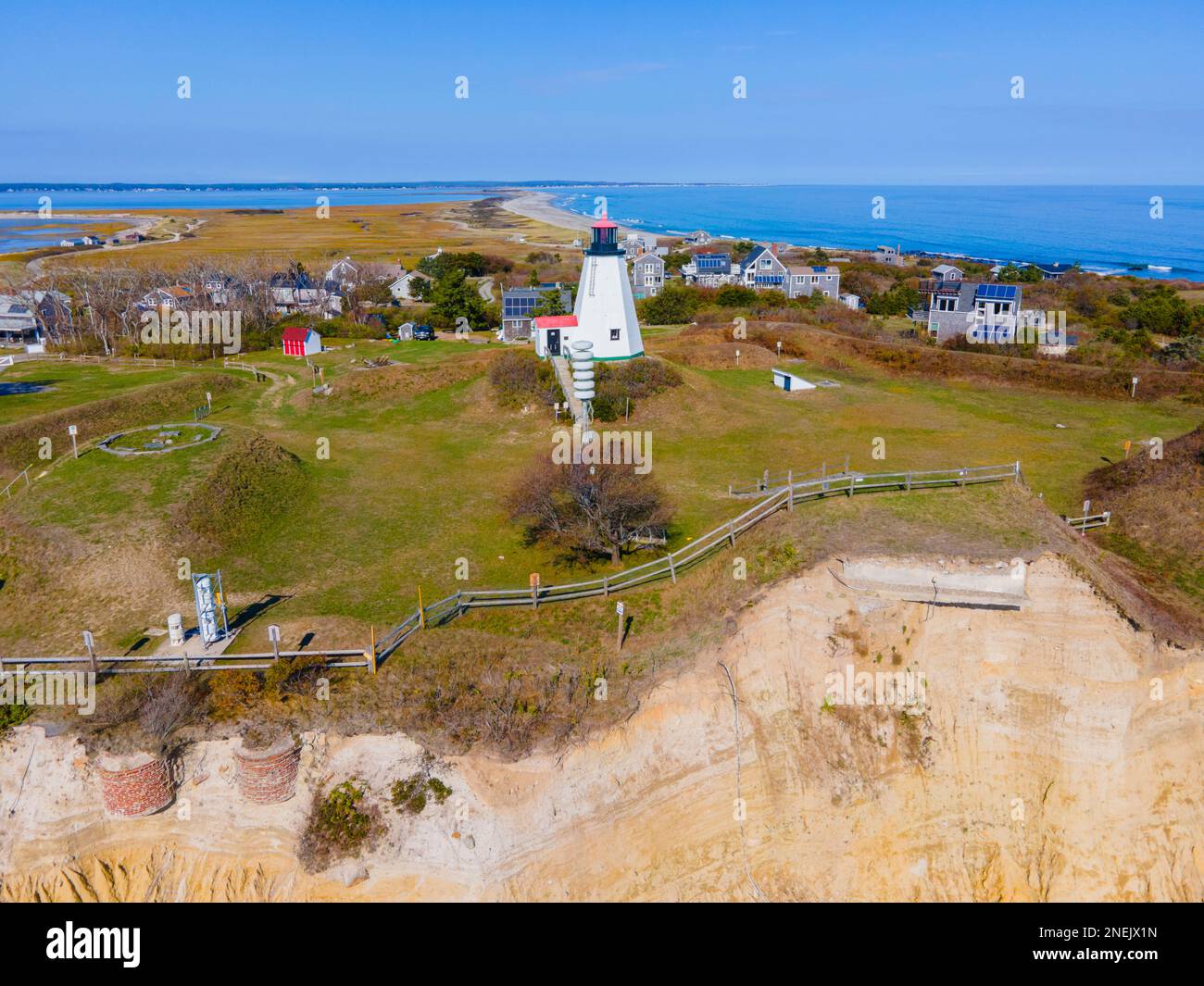 Lighthouse and village of Point aerial view in fall at