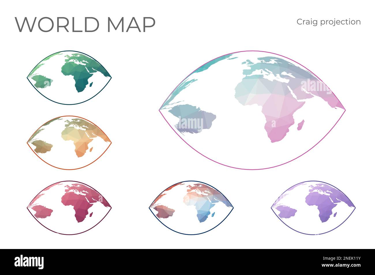 Low Poly World Map Set. Craig retroazimuthal projection. Collection of the world maps in geometric style. Vector illustration. Stock Vector