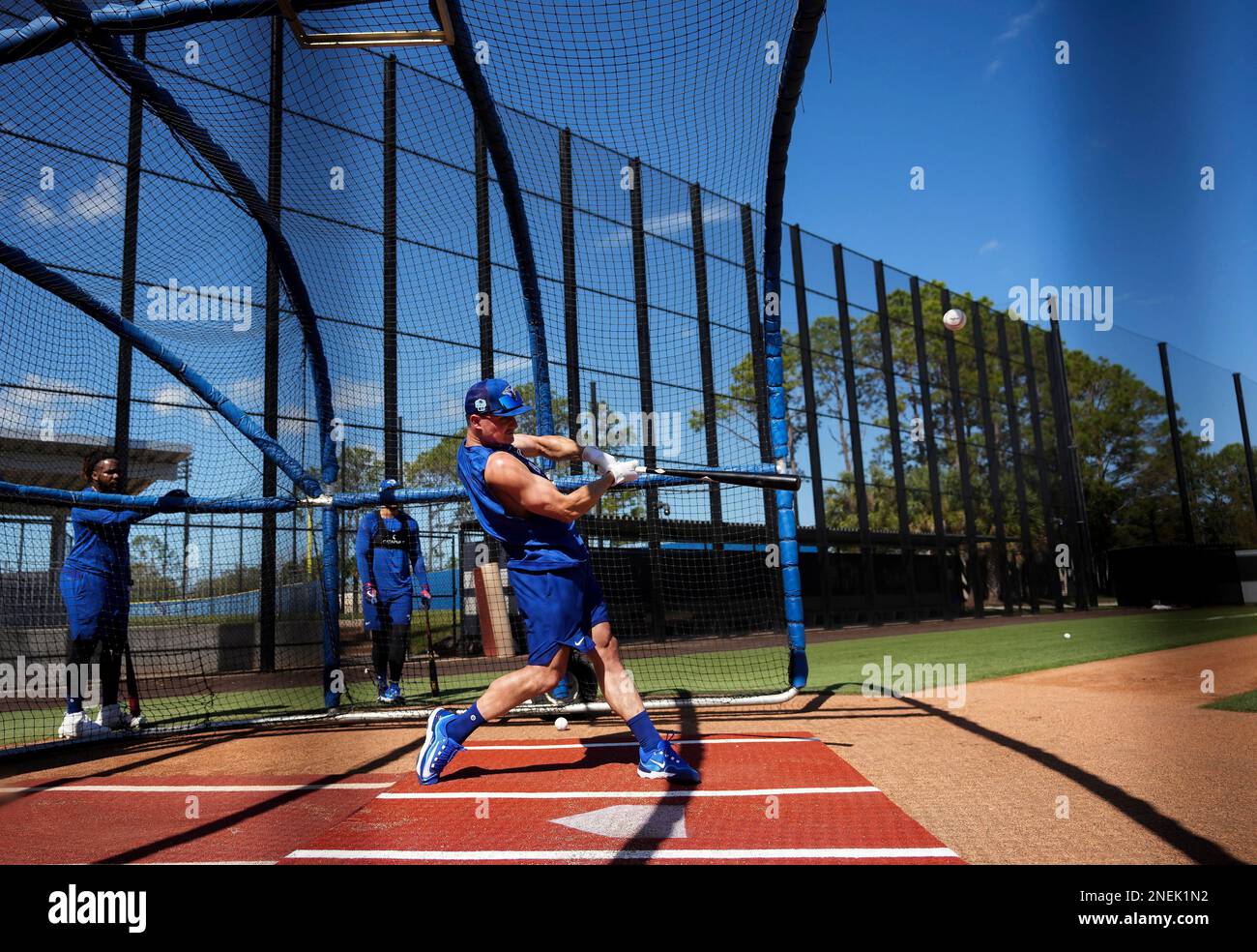 Toronto Blue Jays third baseman Matt Chapman hits the ball at batting practice during spring
